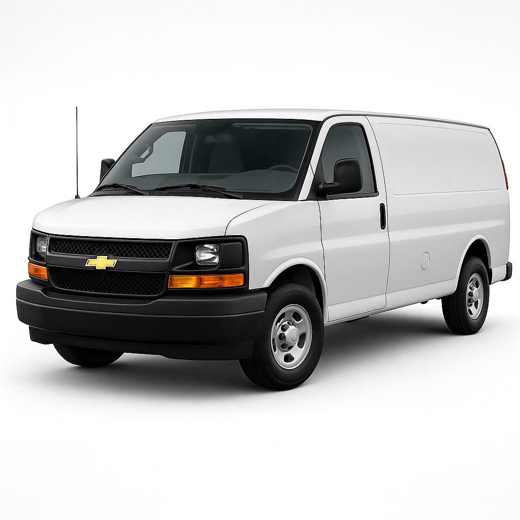 White Chevrolet Express 1500 cargo van available for rent in Orange County