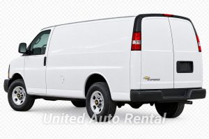 Chevrolet Express 1500 cargo van rental shown from the rear, available at United Auto Rental in Orange County and Ontario, California.