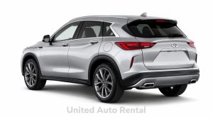 Infiniti QX50 luxury SUV rental shown from a 45-degree rear angle, available from United Auto Rental in Orange County, California.