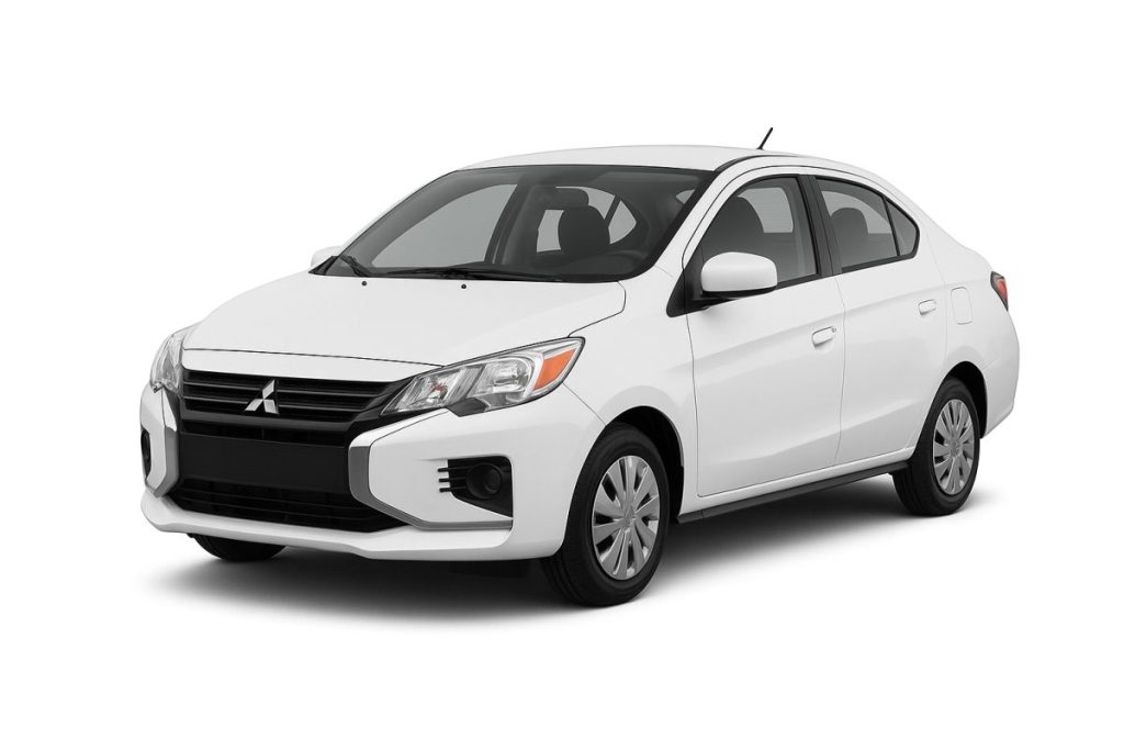 White Mitsubishi Mirage economy rental car