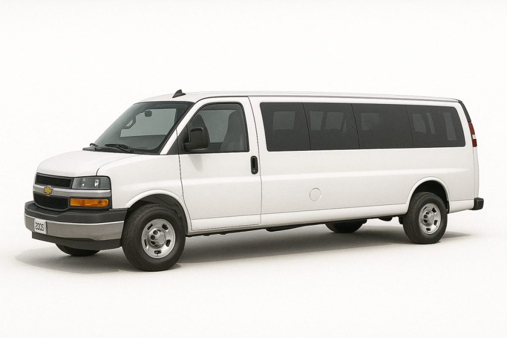 White 15-passenger van available for group rentals near John Wayne Airport
